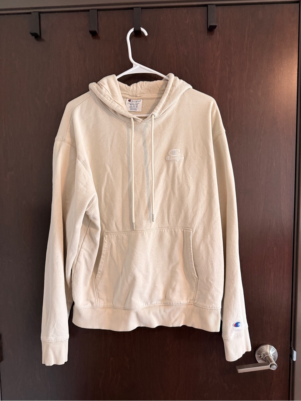 Champion Neutral Beige Pullover Hoodie with Embroidered Logo